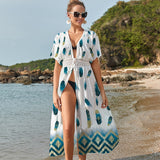 CHICDEAR Elegant Patchwork Plunging Neck Self Belted High Waist Beach Tunic Dress Summer Beachwear Solid White Front Open Long Dress Q528