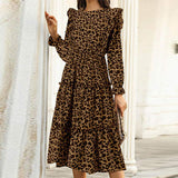 CHICDEAR Elegant Lady A-Line Long Vestidos Casual Leopard Printing Holiday Pleated Midi Dress Long Puff Sleeve Women Ruffles Robes