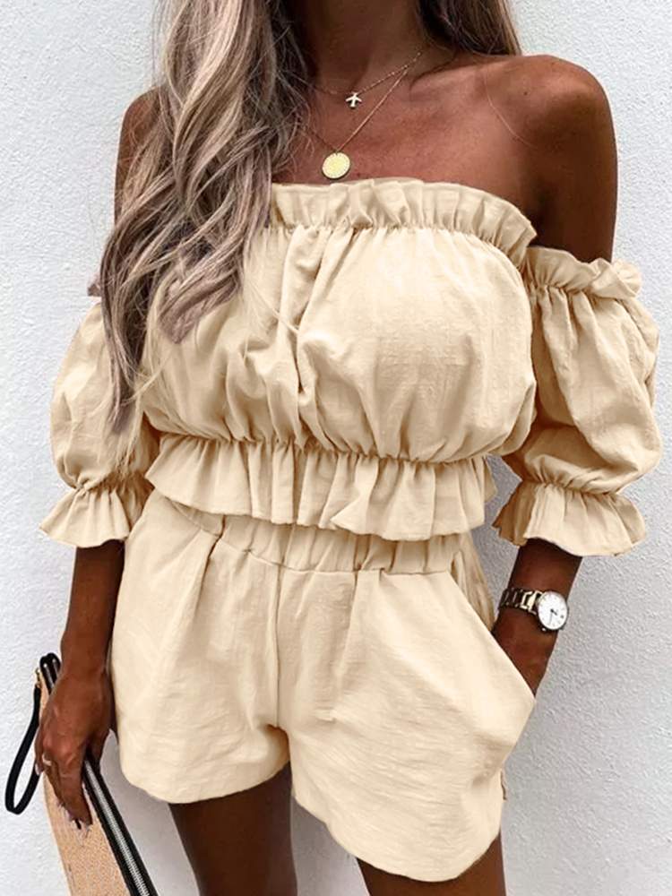 CHICDEAR Women Ruffles Off Shoulder Short Tops And Elastic Waist Shorts Suits 2023 Summer Casual Holiday Short Sets Two-Piece Sets