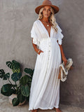 CHICDEAR Sexy Deep V-Neck Butterfly Sleeve Self Belted High Waist Button Front Open Summer Beach Dress Whitetunic Women Beachwear Q1208