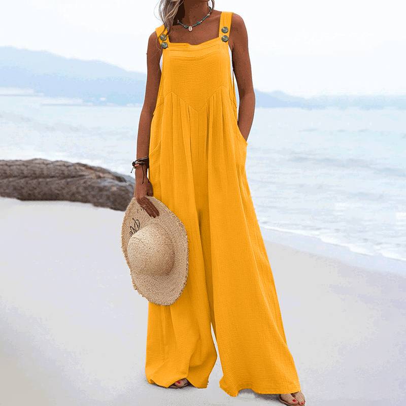 CHICDEAR Holiday Casual Loose Jumpsuits Women Wide Leg Pant Pockets Fashion Long Rompers Solir Color Summer Bib Strappy Overalls