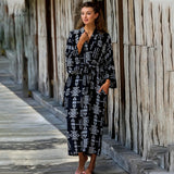 CHICDEAR 2023 Casual Printed Long Sleeve Self Belted Kimono Dress Women Casual Elastic Waist Long Loose Slit Beach Dresses Q1340