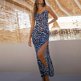 CHICDEAR 2023 Sexy Blue Leopard Slip Dress Women Summer Clothes Elegant Spaghetti Straped Side Split Open Back Maxi Dress Sundress A1153