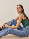 Chicdear Summer Women Camisole French Style Floral Print Crop Top Folk Lace Up Green Elastic Tank Top