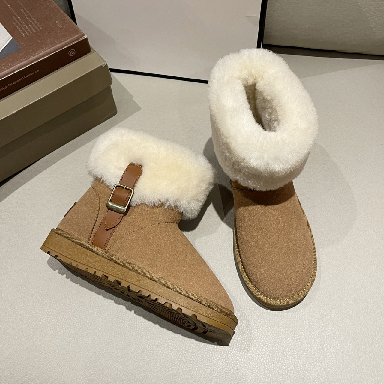 CHICDEAR Fur Warm Snow Boots Winter Women Shoes 2023 New Short Plush Suede Cheslea Ankle Boots Casual Flats Shoes Women Motorcycle Boots