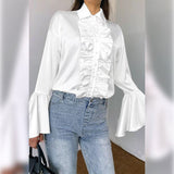 CHICDEAR Blouses Autumn Fashion Long Flare Sleeve Tops Tunics 2023 Lapel Casual Solid Ruffled Shirts Ladies Elegant Office Blusas