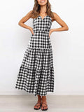 CHICDEAR Summer Casual Party Sundress Women Plaid Sleeveless Pleated Maxi Dress Sexy Spaghetti Strap V Neck Bohemian Beach Robes