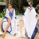 CHICDEAR 2023 Blue Bohemian Embroidered Batwing Sleeve Side Split Summer Beach Dress Chiffon Tunic Women Plus Size Beachwear Kaftan Q746