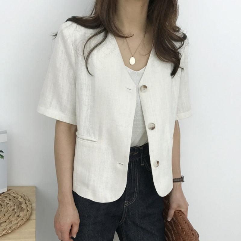 CHICDEAR Women Casual Thin Blazer 2023 Fashion Single Breasted V Neck Office Suits Summer Oversize Short Sleeve Leisure Outwears