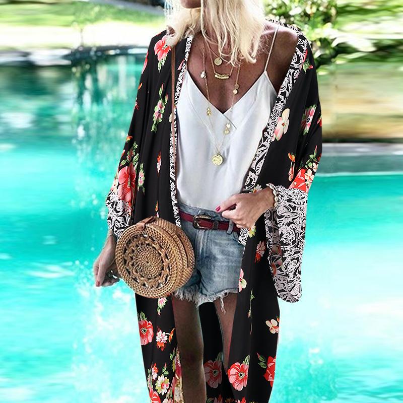 CHICDEAR Bat Sleeve Beach Cover Up Women's Bohemian 2023 Summer Fashion Kimonos Holiday Floral Print Cardigan Tops Long Cardigans