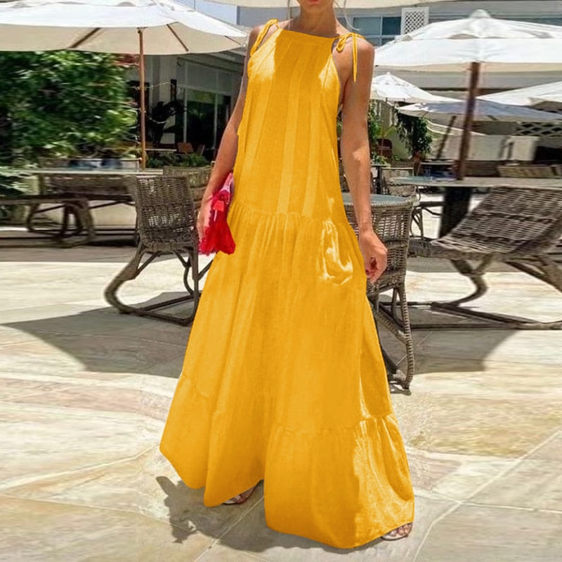 CHICDEAR Women Summer Sundress Pleated Baggy Beach Leisure Long Dress Solid Color Spaghetti Straps Holiday Sleeveless Maxi Dresses