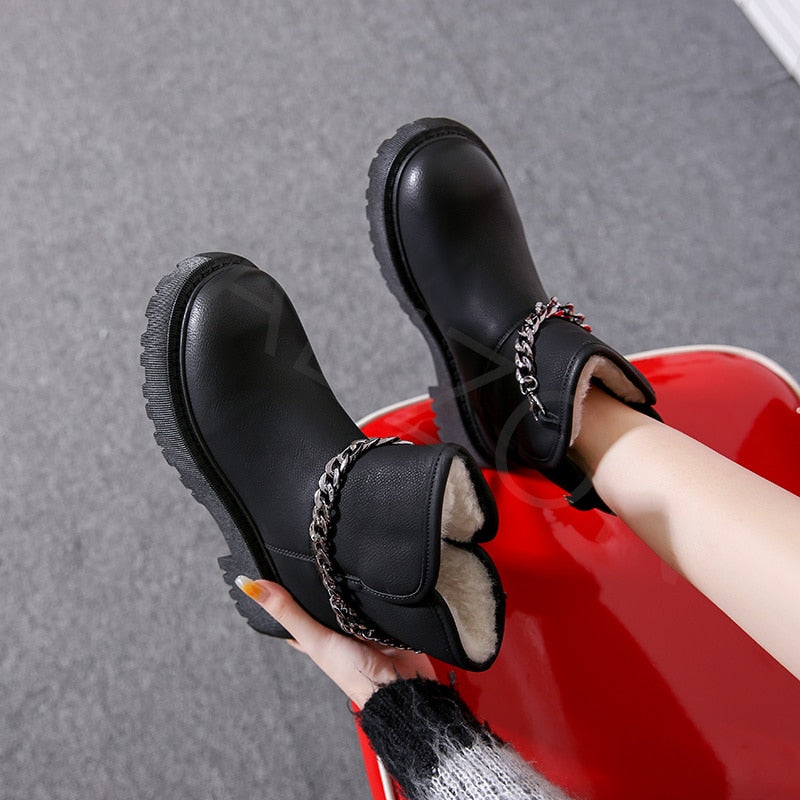 CHICDEAR Winter Women Chain Plush Warm Chelsea Snow Boots 2023 New Fur Flats Ankle Boots Shoes Fad Platform Casual Goth Motorcycle Boots
