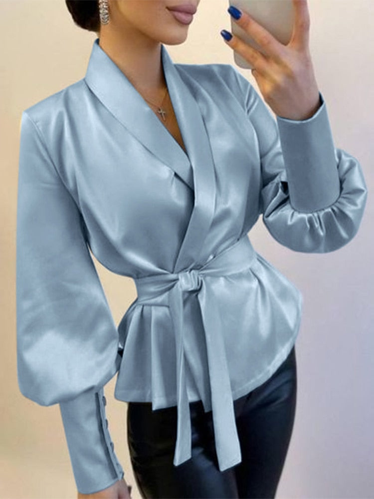 CHICDEAR Fashion Glossy Blouses Elegant Haut Tunic Women Solid Puff Long Sleeve Lapel Tops Casual Streetwear Bandage Wrap Shirts