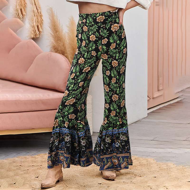 CHICDEAR 2023 Bohemian Women Wide Leg Pants Floral Printed Pleated Flared Long Pants Elegant Elastic High Waist Casual Trousers
