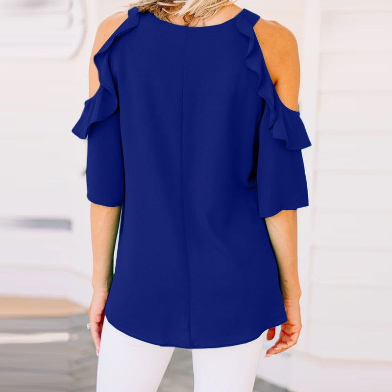 CHICDEAR Elegant 3/4 Sleeve Shirts Women Ruffles Leisure Fashion Blusas Slit Casual 2023 Summer Off Shoulder Tunic Solid Blouses
