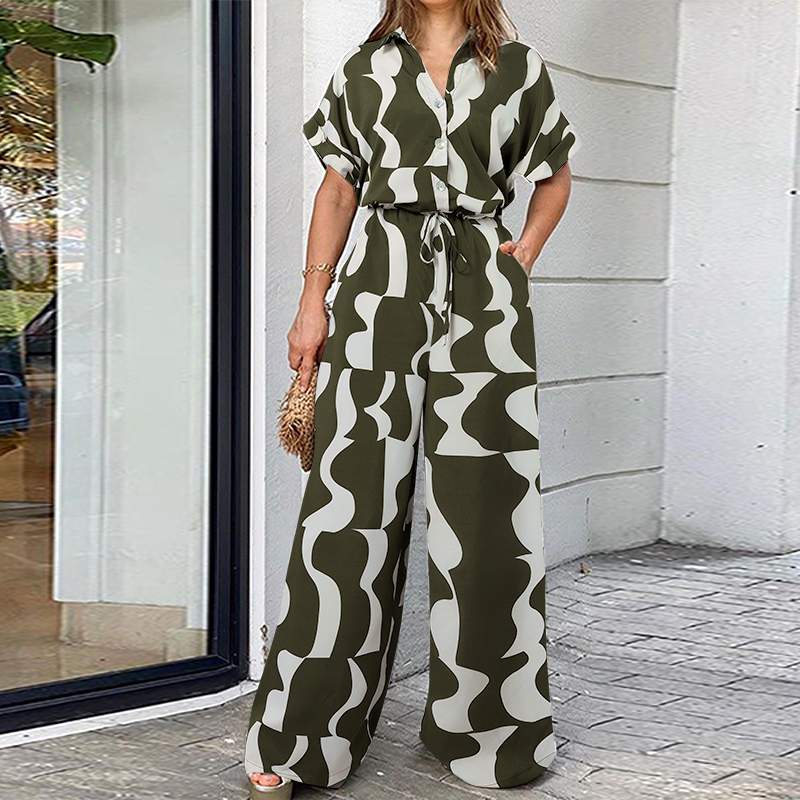 CHICDEAR Fashion Streetwear Jumpsuit Women Casual Lapel Short Sleeve Buttons Up Long Rompers Wide Leg Pant Overalls Femme Belted