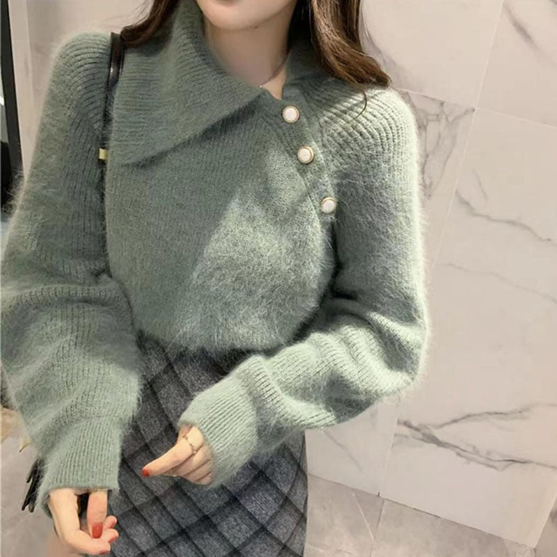 CHICDEAR Spring New Button Diagonal Collar Sweater Women Fashion Solid Knitted Pullovers Woman Chic Casual Long Sleeve Sweaters