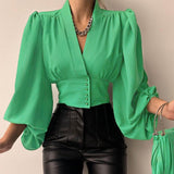 CHICDEAR Women Shirts 2023 Fashion Lantern Long Sleeve Elegant Blouse Summer Sexy V-Neck Tunic Top Casual Party High Street Blusas
