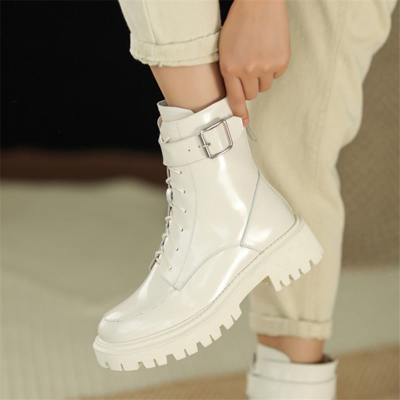 CHICDEAR HOT SALE Fall/Winter Women Shoes Patent Leather Boots Fur Warm Boots Snow Boots Zippe Lace Platform Boots Black Motorcycle Boots