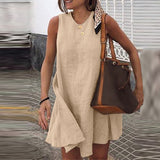 CHICDEAR Women 2023 Casual Cotton Mini Dress Summer Holiday Sleeveless A-Line Sundress Fashion Streetwear O-Neck Beach Tank Dress