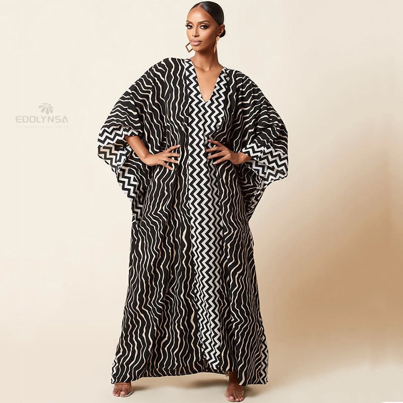 CHICDEAR 2023 Retro Striped Batwing Sleeve Plus Size Loose Maxi Dress For Women Summer Beach Wear Kaftan Shirt Robe De Plage Q1360
