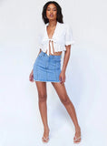 Chicdear Summer Women Solid White Shirt Retro Ruched Sexy Deep Veck Half Sleeve Ruffles Bandage Cotton Short Blouse