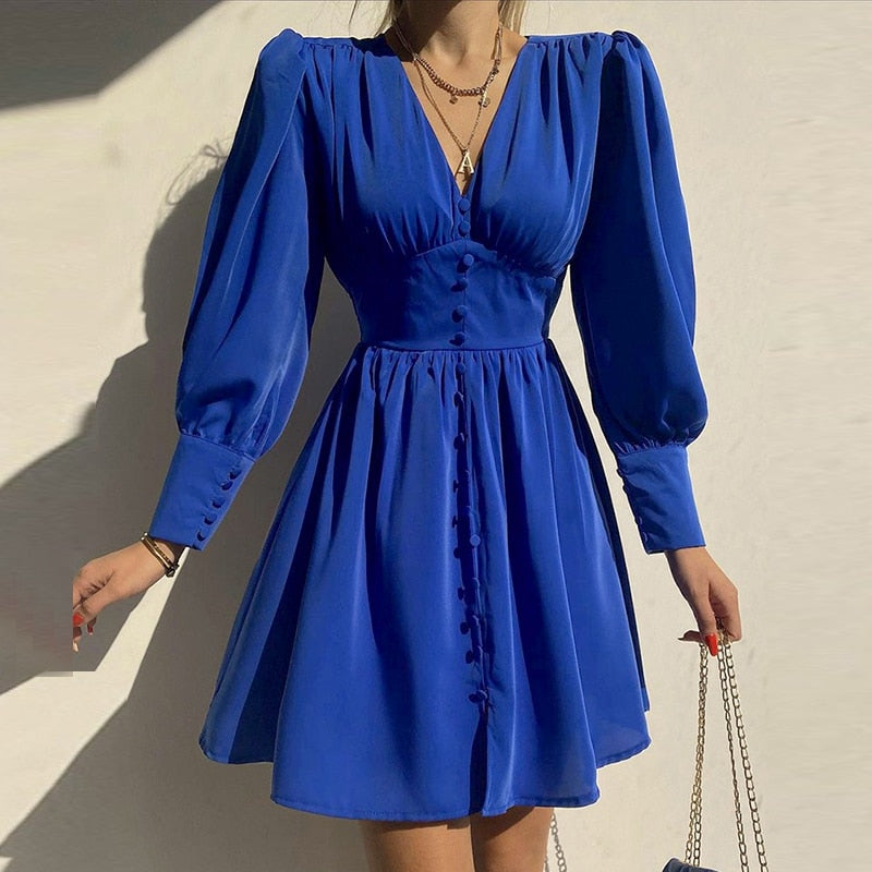 CHICDEAR Shoulder Pad Pleats Dress Women Long Puff Sleeve Sexy V Neck Waisted Party Vestidos Vintage Mini Dress Buttons Short Robe