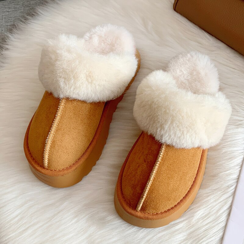 CHICDEAR Women 2023 New Fur Flip Flops Platform Slippers Winter Shoes Short Plush Casual Home Cotton Shoes Warm Flats Boots Mules Zapatos