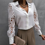 CHICDEAR Hollow Out White Shirts Women 2023 Fashion Summer Lace Long Sleeve Blouses Casual Commuting OL Tops Elegant Lapel Blusas