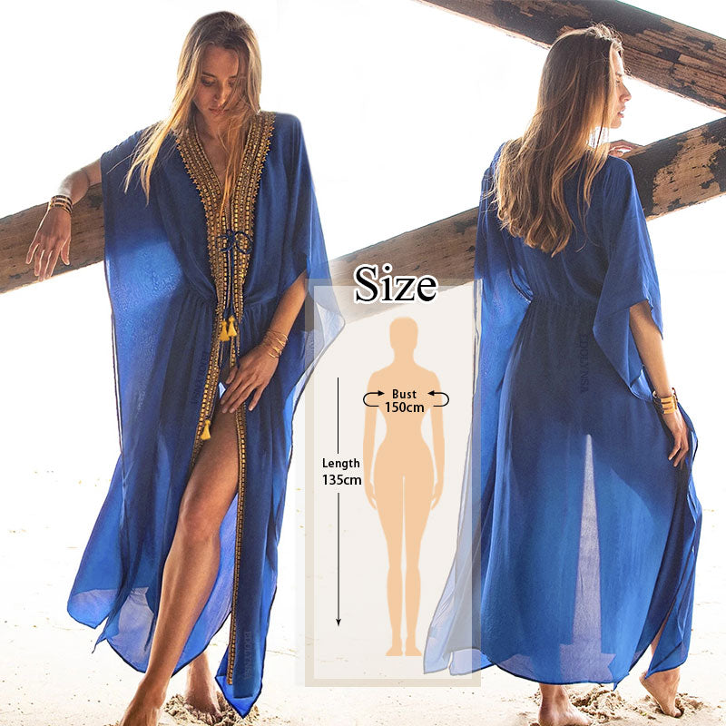 CHICDEAR 2023 Blue Bohemian Embroidered Batwing Sleeve Side Split Summer Beach Dress Chiffon Tunic Women Plus Size Beachwear Kaftan Q746