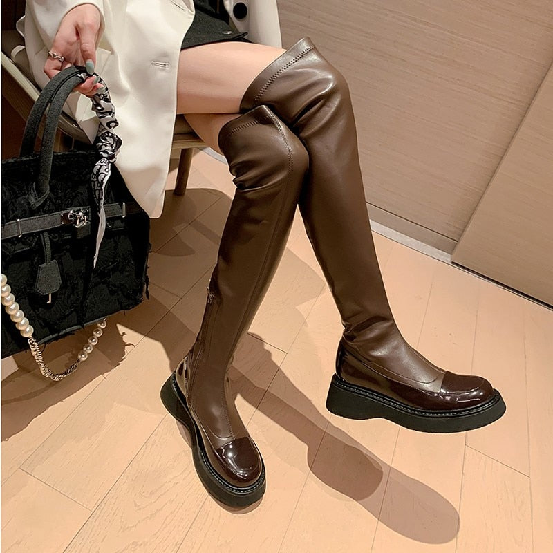 CHICDEAR Women Over The Knee Chelsea Boots Winter 2023 New Fashion Flat Motorcycle High Boots Casual Shoes PU Leather Platform Snow Botas