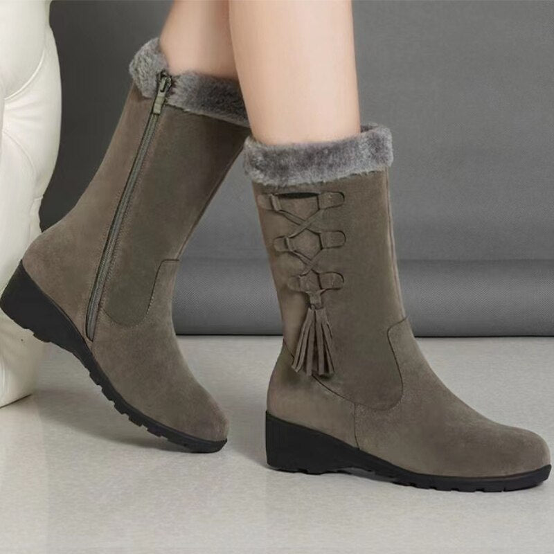 CHICDEAR Women Fur Warm Chelsea Snow Boots Winter 2023 New Brand Short Plush Mid-Calf Boots Flats Casual Ladies Shoes Motorcycle Botas