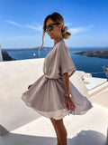 CHICDEAR Fashion Women Summer Solid Color A-Line Dress Irregular Design V-Neck Half Sleeve Mid Waist Casual Loose Mini Dress