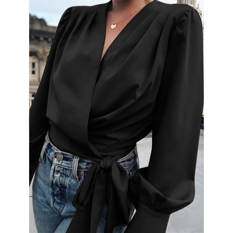 CHICDEAR Women Casual Lantern Sleeve Blouses 2023 Fashion V Neck Short Wrap Shirts Elegant Bandage Pleated Street Tops Femininas