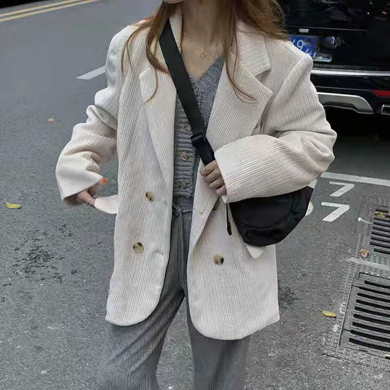 CHICDEAR Pink Corduroy Blazer Women Casual Loose Double Breasted Women's Jackets 2023 Autumn Winter Vintage Coats Top Female