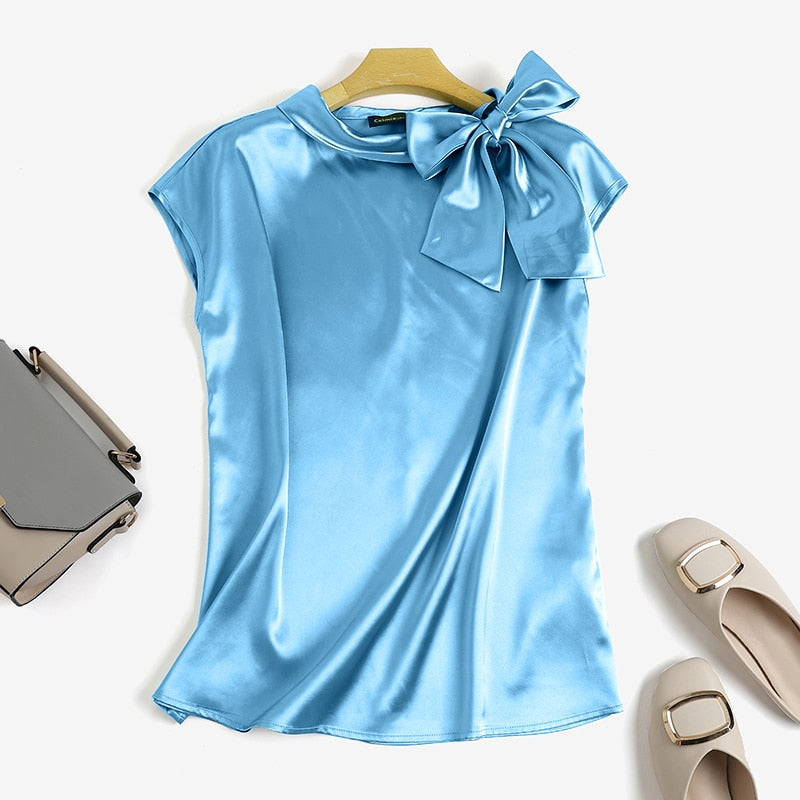 CHICDEAR Fashion 2023 Summer Shirt Bandage Short Sleeves Tops All-Match Bowtie Tunic Office Lady Elegant Satin Silk O Neck Blouses
