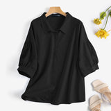 CHICDEAR Pleated Cotton Linen Shirts 2023 Summer Women Tops 3/4 Lantern Sleeve Elegant Shirt All-Match Casual Lapel Collar Blouse