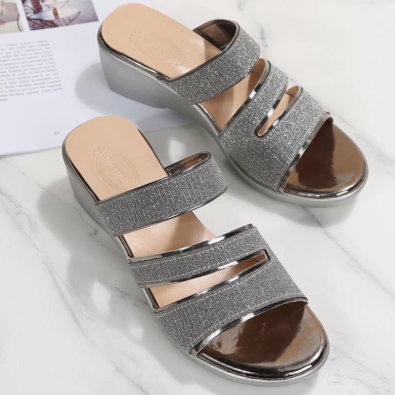 CHICDEAR Women Wedges Slippers Bling Flats Flip Flops 2023 New Summer Sandals Autumn Shoes Rome Ladies Shoes Slingback Causal Slides Fad