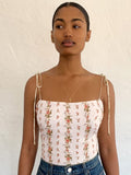 Chicdear Summer Women Flok Camisole Tank Top Vintage Floral Print Spaghetti Strapless Sexy Short Crop Top