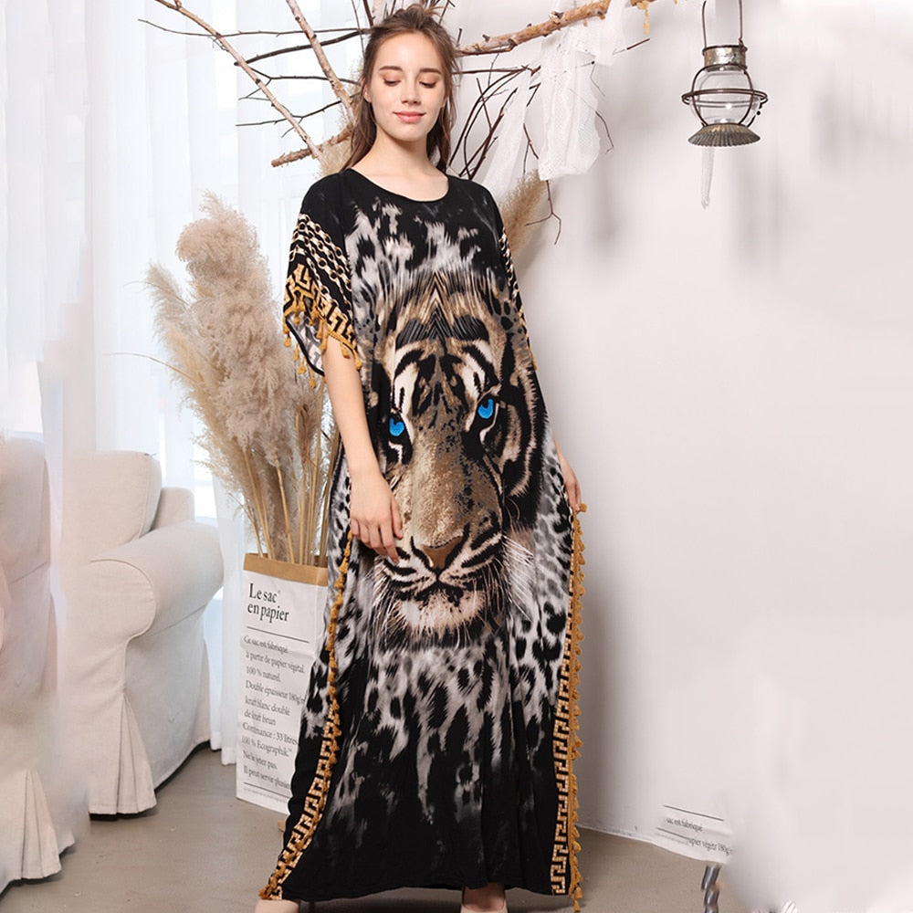CHICDEAR 2023 Elegant Tiger Printed Long Dreen  Women Summer Tassel Batwing Sleeve Dress Beach Wear Long Robe De Plage A925