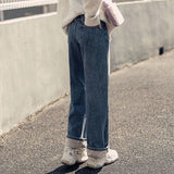 CHICDEAR 2023 Winter Plus Velvet Warm Jeans Women Fashion High Waist Thicken Fleece Straight Pants Belt Denim Wide Leg Trousers