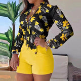 CHICDEAR Women Long Sleeve Floral Printed Tie Knot Top Blouse And Shorts Sets Casual Spring Shirts Female