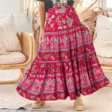 CHICDEAR Floral Printing A-Line Maxi Skirts Stitching Pleats Holiday Bohemian Casual Loose Long Skirt Fashion Women Swing Faldas