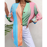 CHICDEAR Colorful Holiday Blouse Fashion Long Sleeve Women Stripe Blusas Beach Stand Collar Bohemian Lady Tops Buttons Long Shirts