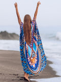CHICDEAR 2023 Bohemian Printed Summer Holiday Dress Blue Tunic Women Beach Wear Kaftan V-Neck Bats Sleeve Maxi Dress Robe Q956