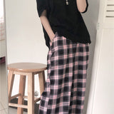 CHICDEAR 2023 Summer Pink Women's Plaid Pants Harajuku Hip Hop Streetwear Wide Leg Pants Women Casual Loose Straight Trousers