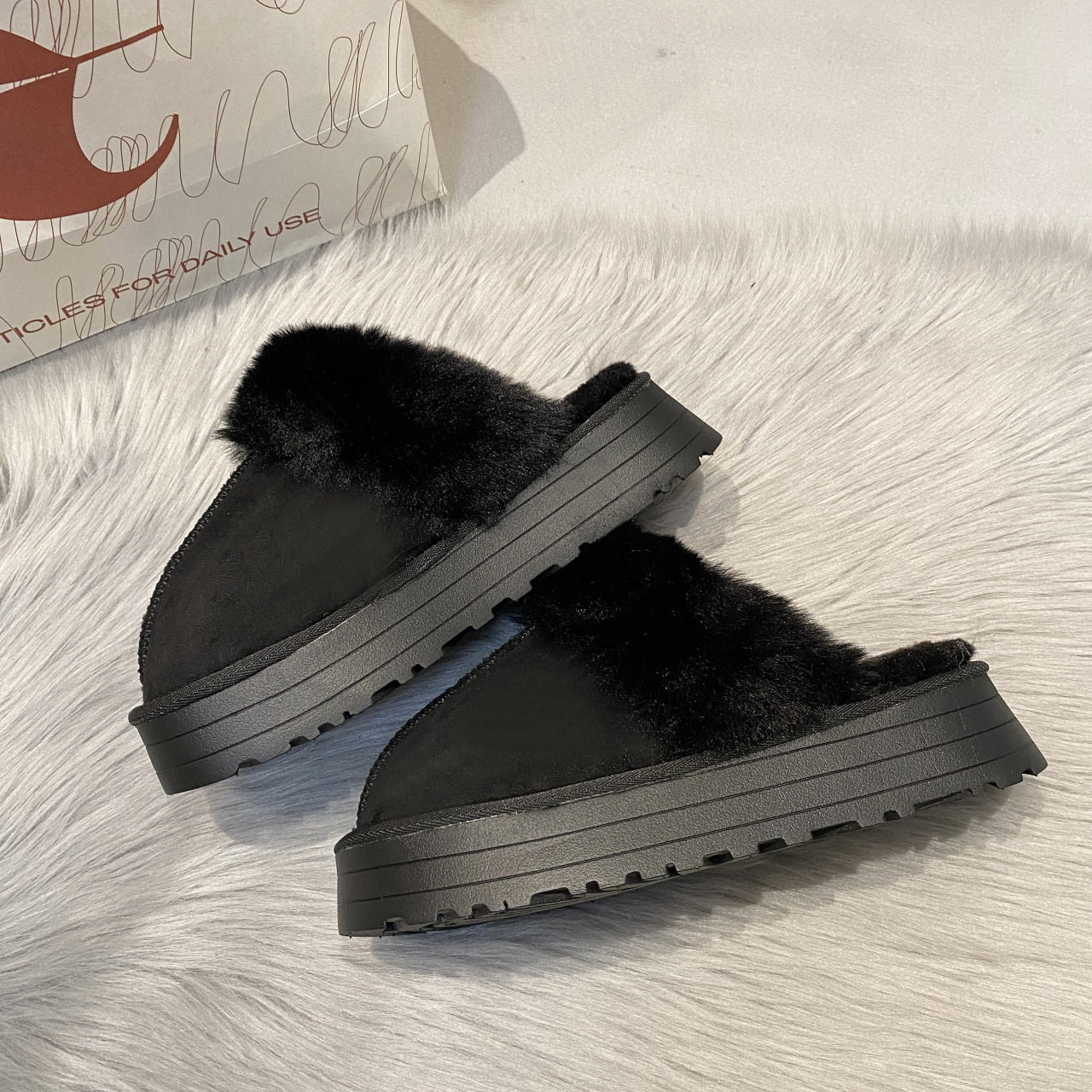CHICDEAR Fur Slippers Women Flip Flops Winter Flats Short Plush Warm Home Cotton Shoes 2023 New Casual Mules Shoes Platform Suede Boots