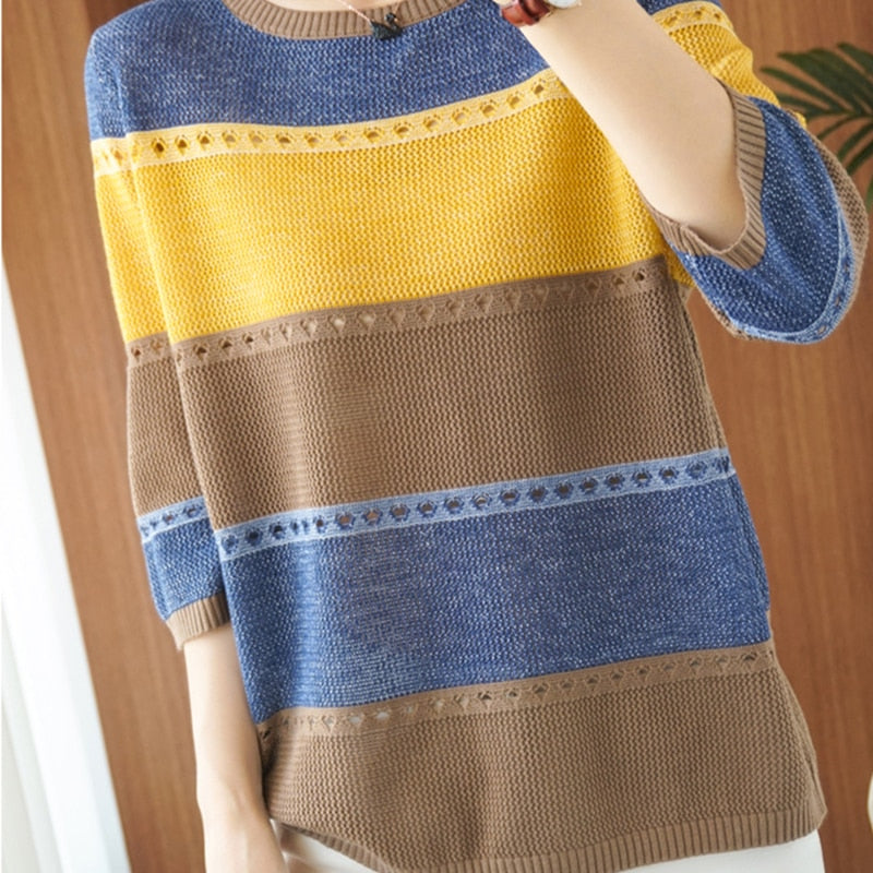CHICDEAR Women's Autumn Winter Striped Sweater Colorful Patchwork Loose Pullovers Women 2023 Casual O-Neck Knitwear Tops Jumper