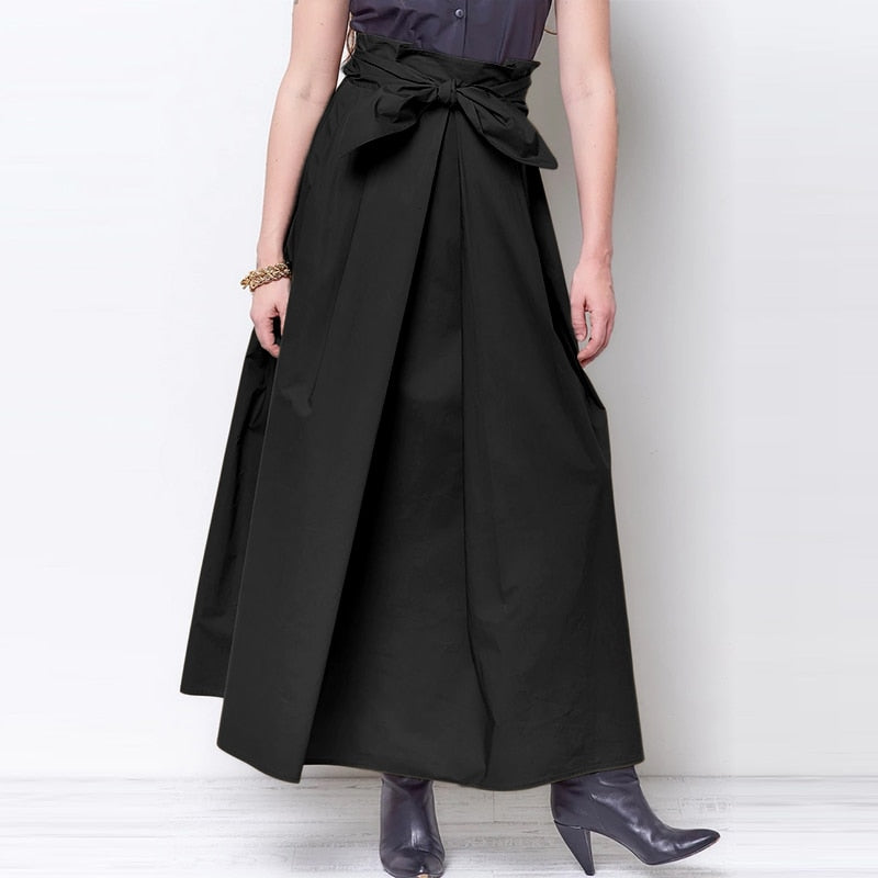 CHICDEAR All-Match Women Long Skirts Pleats Bandage Elegant Pockets Skirt 2023 Spring High Waist Office Lady Casual Maxi Jupes