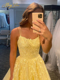 Yellow Prom Dresses 2023 Spaghetti Strap Long Party Dress Yellow Prom Dress A-Line Lace-up Evening Dress